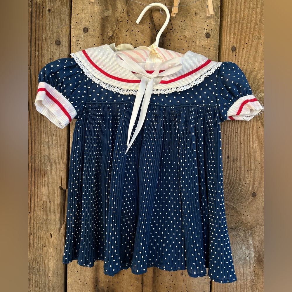 Vintage Navy Blue Polka Dot Kids One Piece read tag for size